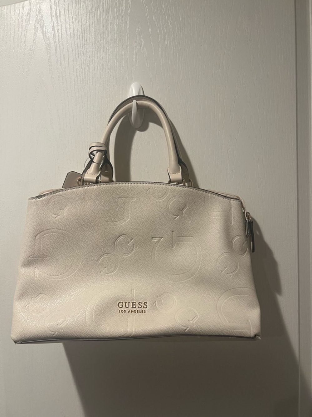 GUESS Cream Embossed Logo Dome Satchel with Gold-Tone Hardware